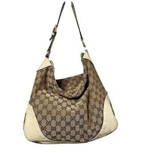 Gucci Charlotte Hobo Shoulder Bag Brown Canvas GG Monogram / Cream Leather AS IS
